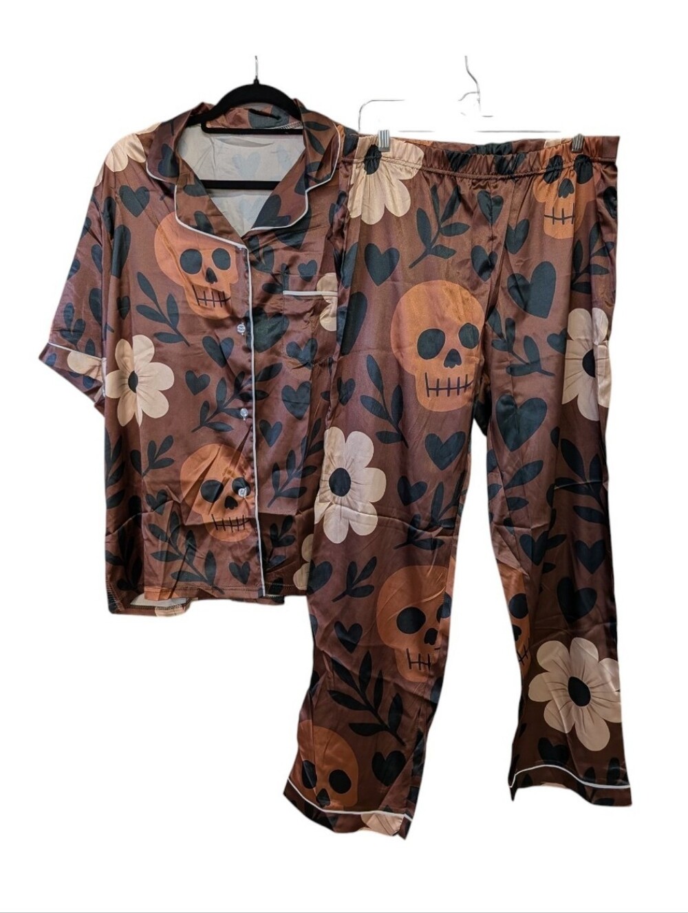 Skull Floral Print Satin Feel Pajama Set Large/XL